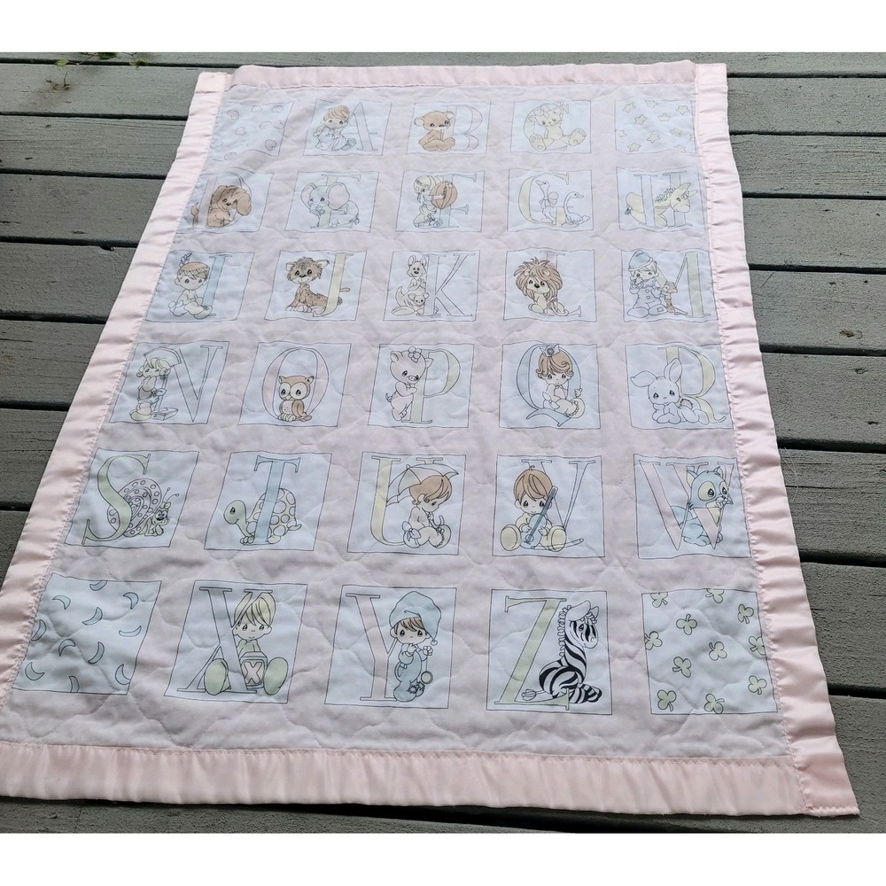 Vintage Precious Moments Baby Quilt Blanket Alphabet 34x42 Satin Trim Edge